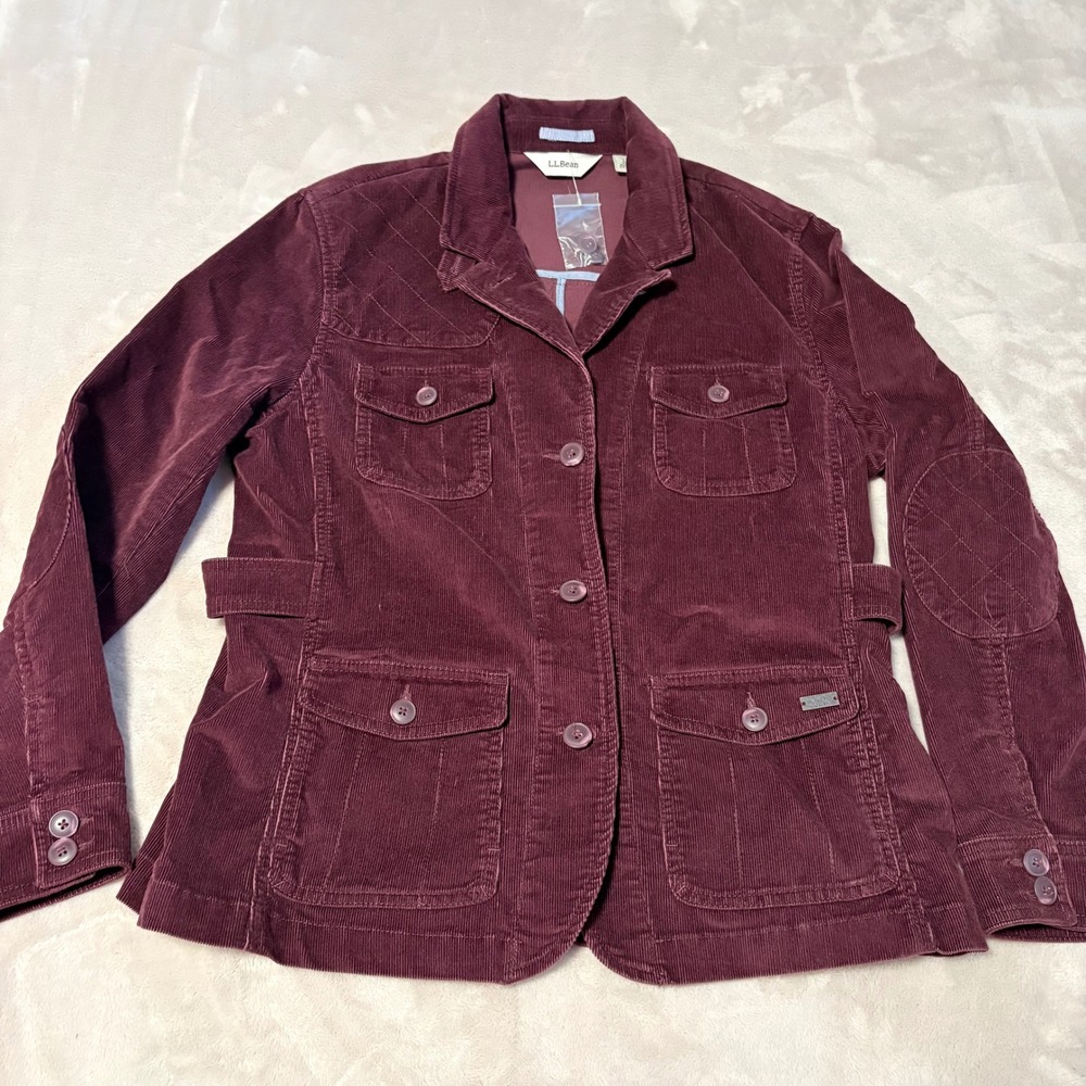 LL Bean Corduroy Field Jacket Burgundy Quilted Elbow Patch Utility Large Women